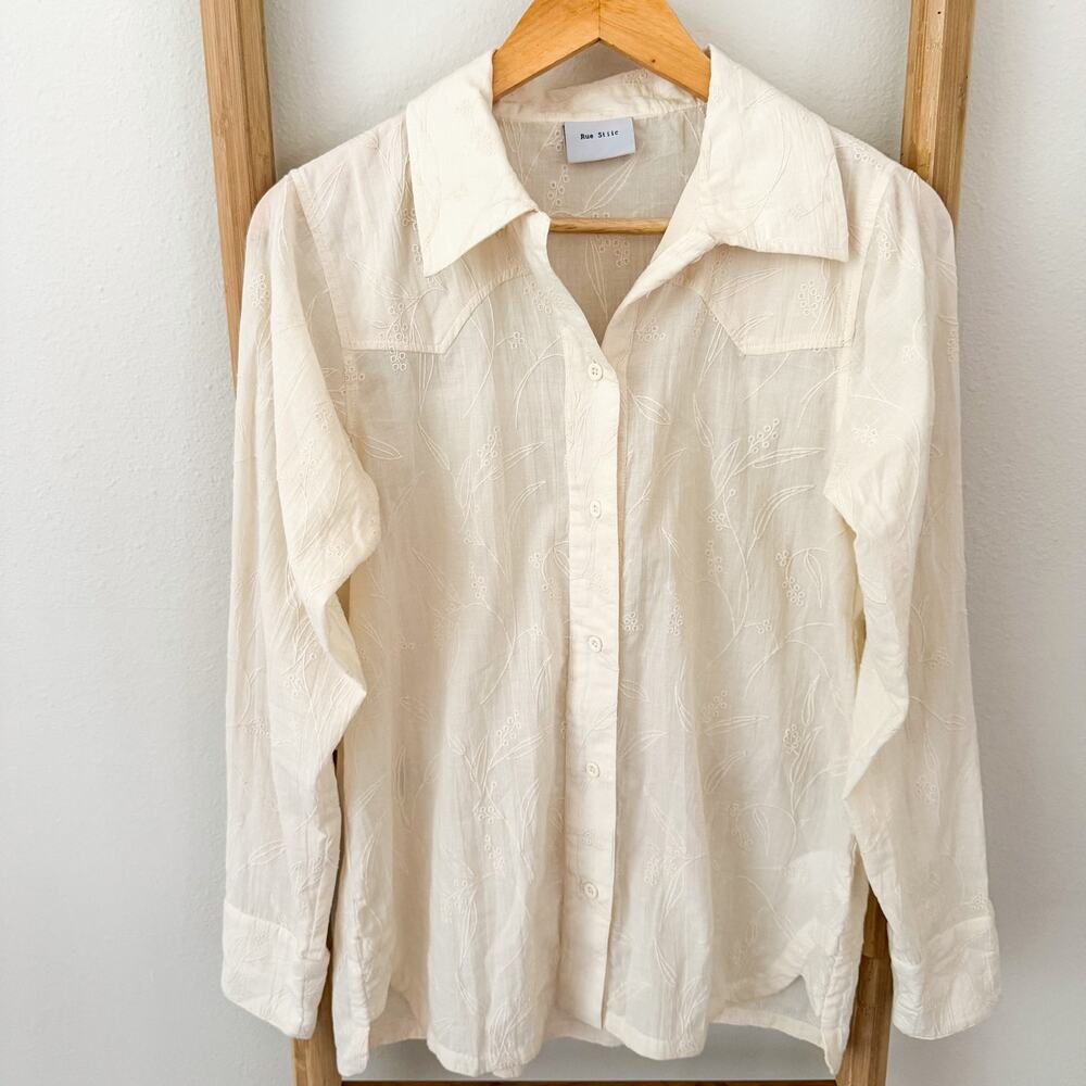 NWOT Rue Stiic S White Embroidered Cotton Button Front Shirt Western Boho Blouse